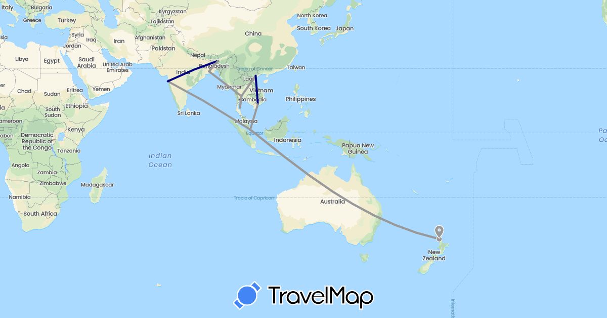 TravelMap itinerary: driving, plane in India, New Zealand, Singapore, Thailand, Vietnam (Asia, Oceania)